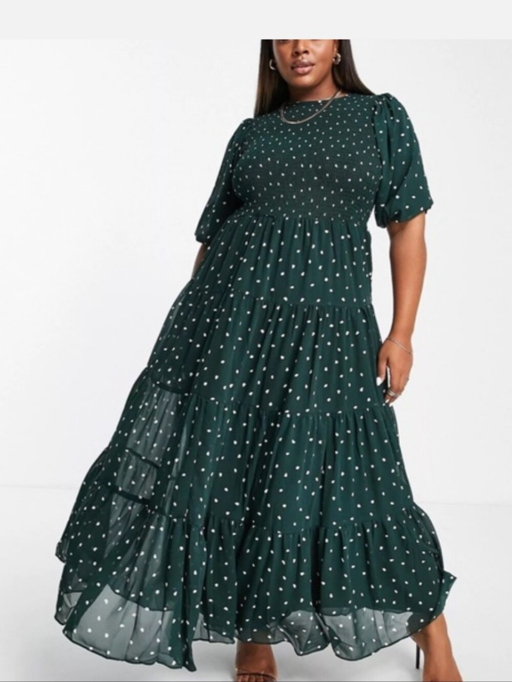 ASOS DESIGN Curve shirred tiered maxi dress in green spot print Size 26